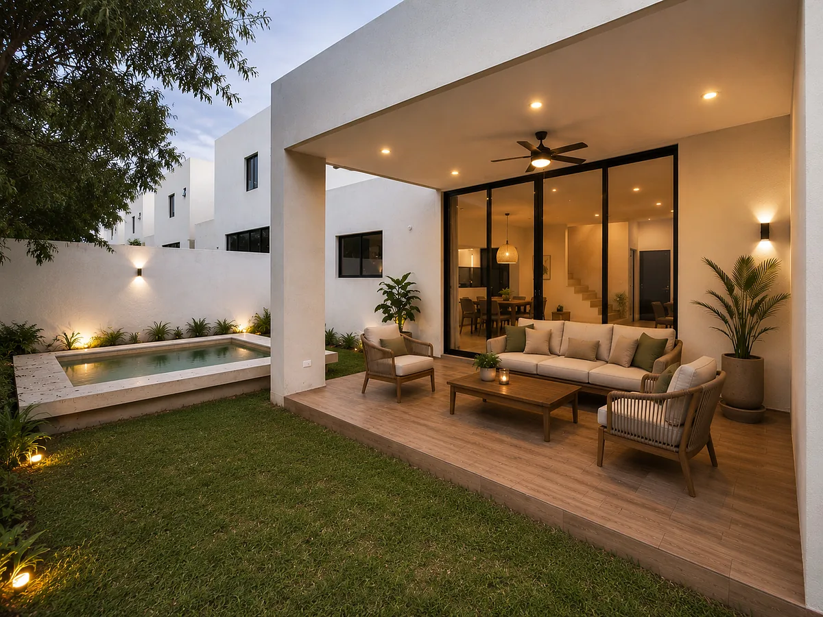 Terraza y piscina de una residencia en Dzityá